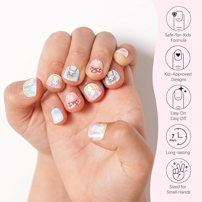 DANNI & TONI Kids Gel Nail Strips Cat Bunny Flowers Mashroom Salon-Quality Peel & Stick Manicure for Children (Age 6+)– Safe, Long-Lasting, Easy to Apply | Purr & Hop