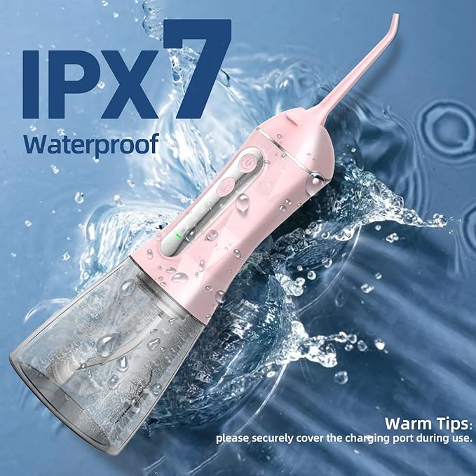 Water Dental Flosser Pick for Teeth Portable Oral Irrigator Rechargeable Travel Irrigation Cleaner 320ML Electric Flossing, IPX8 Waterproof, Waterproof Flossing Cleaning Picks for Home Travel (Pink)