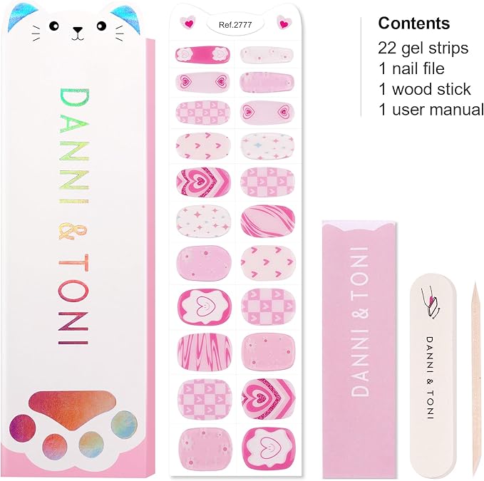 DANNI & TONI Kids Gel Nail Strips Heart Smiling Face Stars Flowers Salon-Quality Peel & Stick Manicure for Children (Age 6+)– Safe, Long-Lasting, Easy to Apply |Heart Glitz
