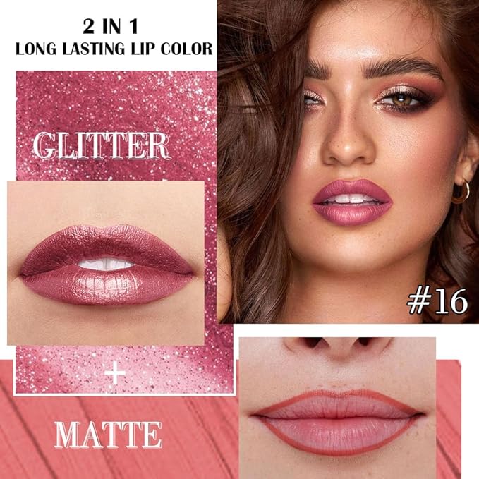 evpct Mauve Pink Metallic Glitter Lip Liner and Lipstick Combo Lip Gloss Stain Set Makeup for Women Long Lasting Waterproof 24, Dusty Rose Metallic Shimmer Frosted Iridescent Glossy Liquid Lipstick 16