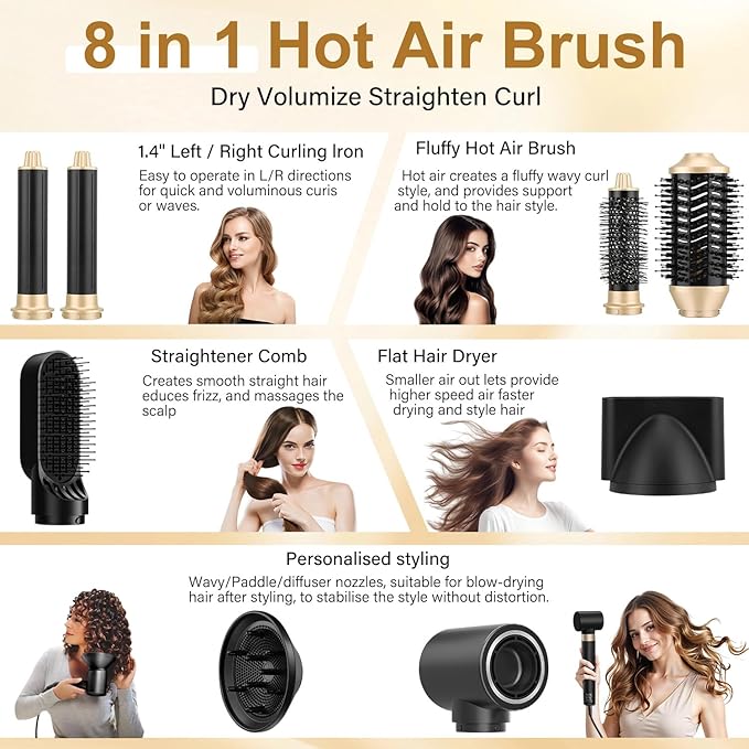 JAMIEWIN 8 in 1 Hair Dryer Brush Set, Detachable Hot Air Wrap Hair Styler with 110,000 RPM High-Speed, Fast Drying - NO Heat Damage Blow Dryer Brush for Curling, Volumizing, and Straightening