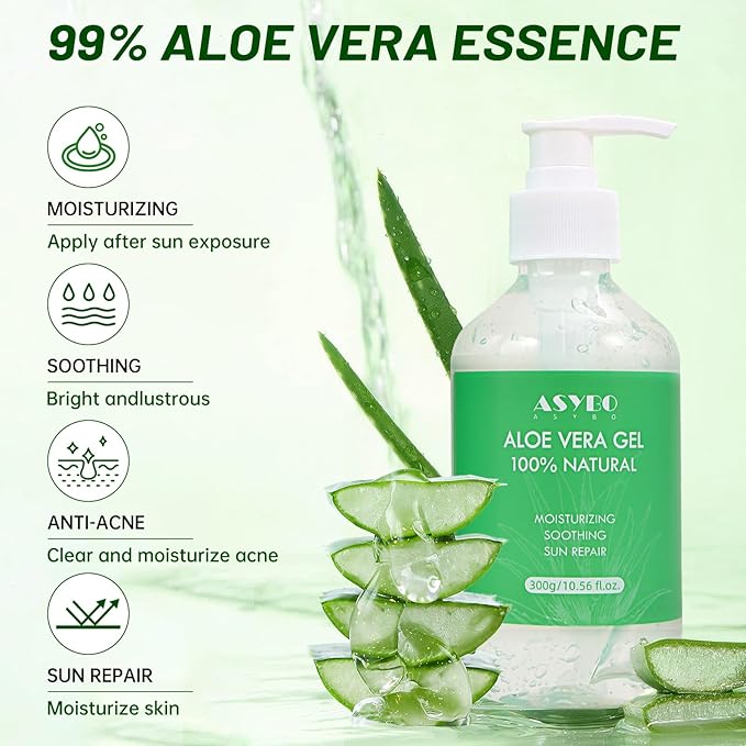 ASYBO Aloe Vera Gel 300 ml – 100% Natural Pure Aloe Vera for Face Body Hair, Soothing and Nourishing Moisturising Aloe Cream for Dry Skin, Sunburn, Acne, After Sun Lotion