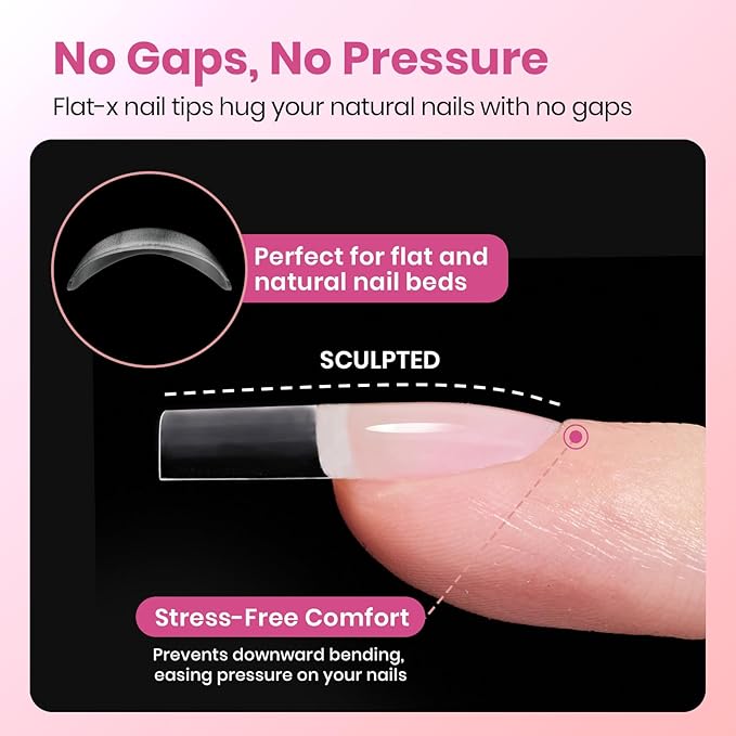 Beetles Gel Nail Tips Flat-X - Square Medium, 320pcs 16 Sizes, Pre-Etched Half Matte Full Cover Soft Acrylic Press on False Nail Extension Tips Easy DIY Salon Art for Flat & Natural Nail Beds