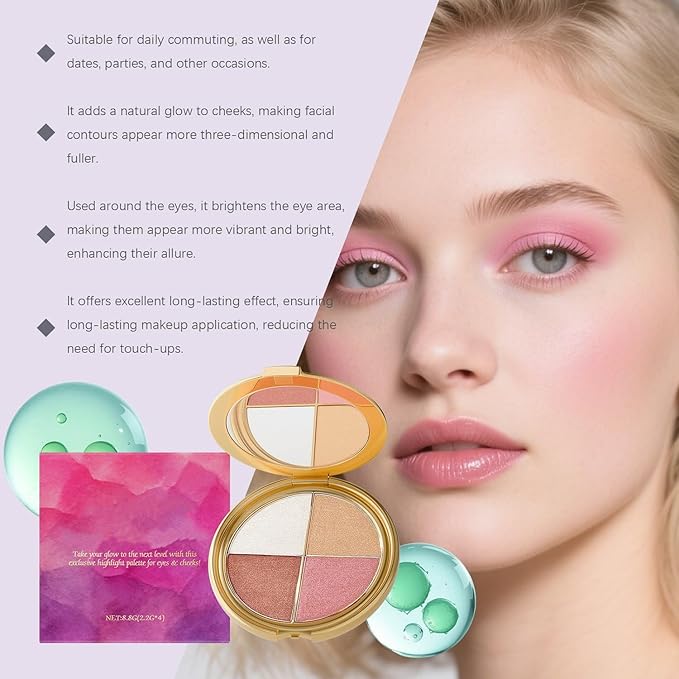 Eye & Cheek Palette - Eyeshadow and Highlighter Makeup, 4-In-1Makeup Palettes Kit, Highlighting Eye & Cheek Palette, Face Highlighter & Glow Blush Palette for Women & Girls