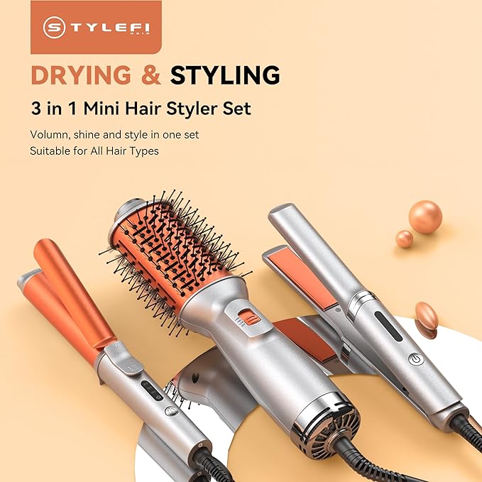Travel Hair Dryer Brush Styling Set,Double Voltage 100–240V 4-in-1 Hot Air Brush,1 Inch Curling Iron & Mini Flat Iron Straightener,Travel Kit,for Drying, Straightening, Curling & Volumizing for Women