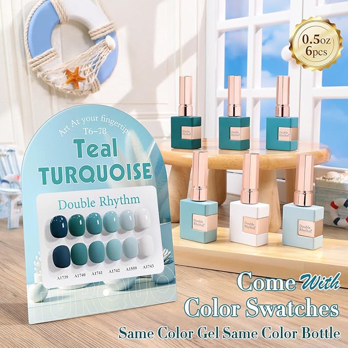 Double Rhythm 6 Pcs 15 ML Gel Polish Set Same Color Same Bottle Soak Off Gel Polish Kit Nail Art Manicure Salon DIY at Home for Women (White Light Green Teal Blue Turquoise-T6-78)