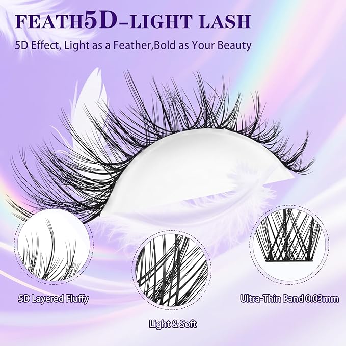B&Q Lash Clusters Kit Wispy Fluffy - Feath5D 07 Eyelash Clusters Kit with Glue & Tools, Feathered Lightweight Lash Kit, 8-18mm C Curl Waterproof False Lashes