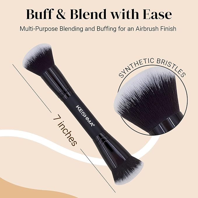 Keshima Dual-Ended Blush, Bronzer & Contour Makeup Brush - Dense Liquid End & Fluffy Powder End, Multi-Purpose Blending and Buffing for an Airbrush Finish, Works with Liquid, Cream & Powder, Black