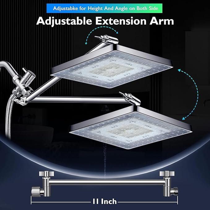 PinWin Shower Head, 8'' Dual Rain Shower Head with 11'' Adjustable Extension Arm, 7-Setting High-Pressure Handheld Combo, Rainfall LED Shower Head Water Temperature Controlled Color Changing,Chrome