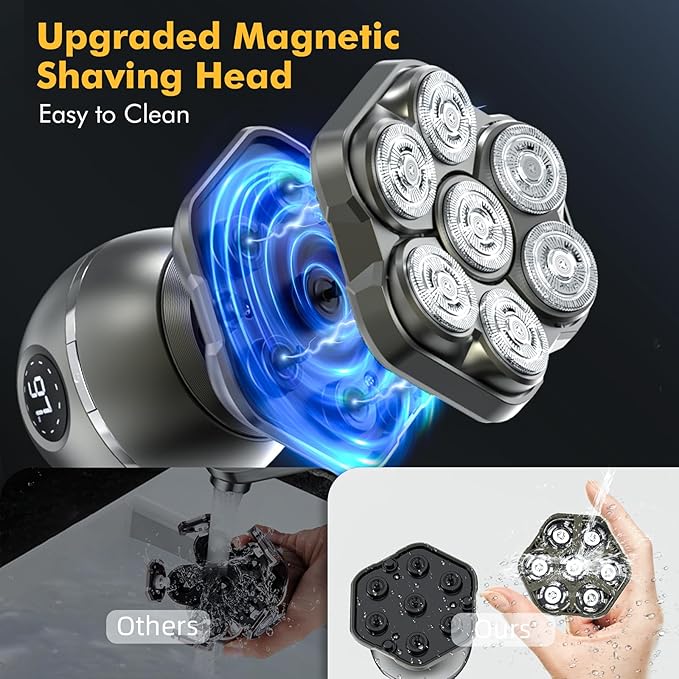 7D Head Shavers for Bald Men: 6 in 1 Detachable Bald Head Shavers - IPX7 Waterproof Wet Dry Electric Razor for Men- LED Display Shaving Grooming Kit with Type-C Charge