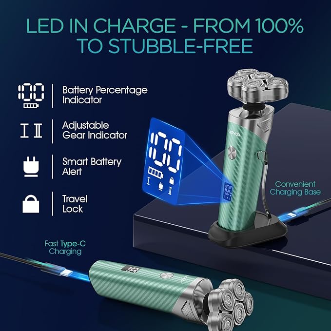 VOYOR Electric Razor for Men - 5D Floating Shavers for Men Magnetic Electric Shaver Rechargeable Face Shaver LED Display Wet Dry Shaving IPX6 Waterproof Mens Rotary Razor TX500 (Green)