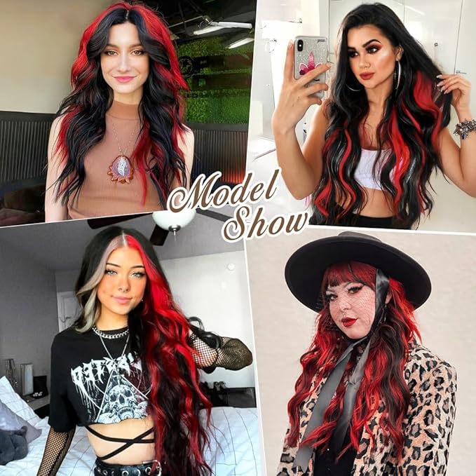 ALXNAN Clip in Long Wavy Hair Extension 20 Inch Black Red Highlights Hair Extensions 4PCS Thick Hairpieces Fiber Double Weft Hair for Women