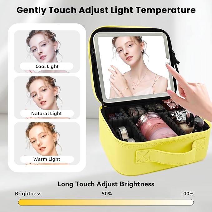 SUILU Travel Makeup Bag with LED Mirror and Light Travel Makeup Case Cosmetic Organizer Portable Cosmetic Brush Organizer Bag with Adjustable Dividers for Cosmetics Makeup Brushes Toiletry (Yellow)