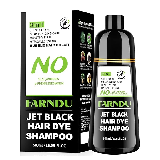 Jet Black Hair Dye Shampoo Ammonia-free & PPD-free, Gray Hair Coverage Natural Herbal 3 in 1 Hair Color Shampoo for Women Men