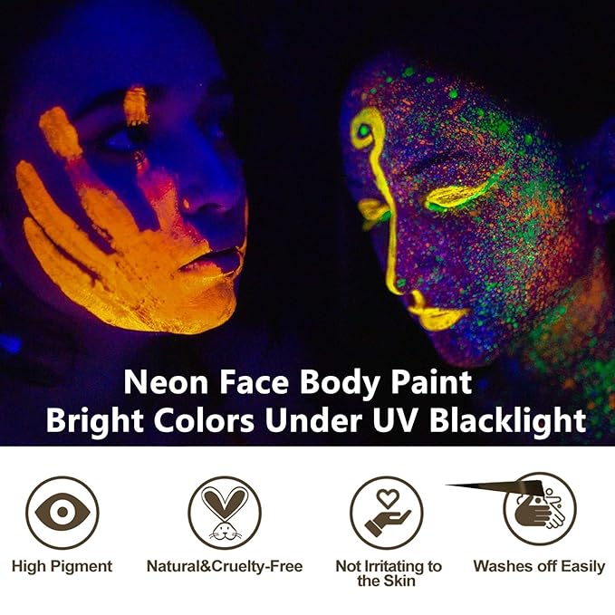 Go Ho UV Blacklight Neon Orange Face Body Paint,Water Based Bright Color Neon Fluorescent Body Paint with Cushion Applicator,Glow In The Dark Under UV Lighting Party Halloween Makeup Washable