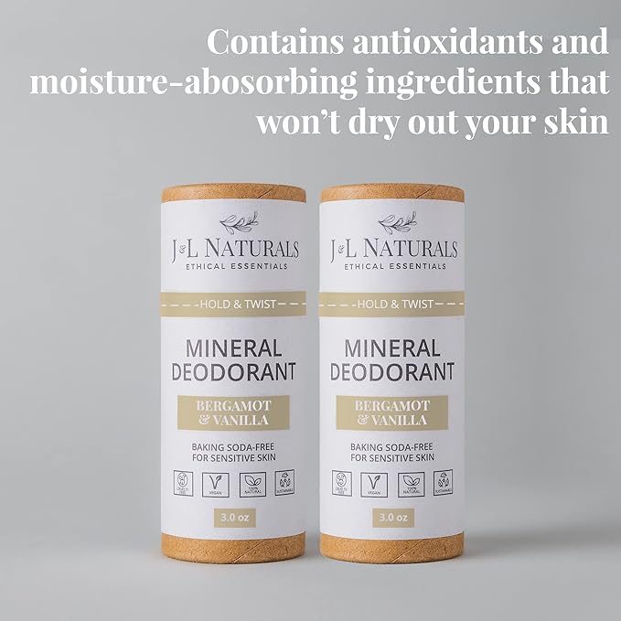 J&L Naturals Mineral Deodorant | Baking Soda-Free, 100% Natural, Sustainable Skin Care | Sensitive Deodorant For Women & Men | Aluminum Free, Vegan, Cruelty-Free (Bergamot & Vanilla, 3 Oz (Pack of 2))