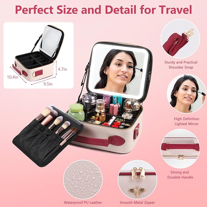 GERYUAEG Travel Makeup Bag with Mirror of LED Lighted, Rechargeable Cosmetic Train Case Artist Makeup Organizer for Women with Adjustable Dividers, Makeup Brushes Holder and Strap (White)