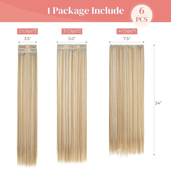 LONAI Clip in hair extensions 6PCS Straight 24" Hair Extensions for Women，Heat Resistant Synthetic Hairpiece-Dark Blonde with Highlights