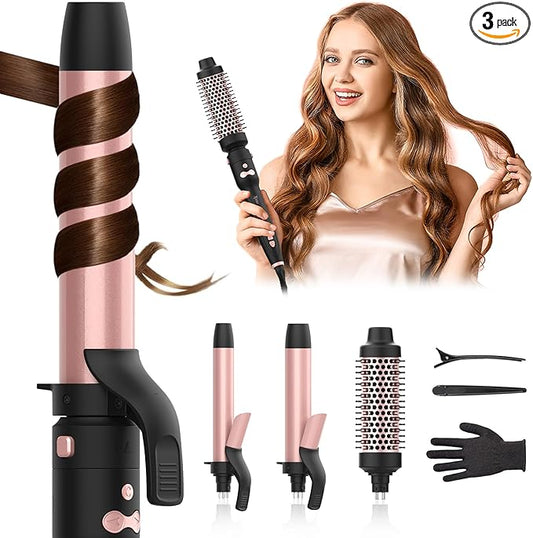 Automatic Rotating Curling Iron, 3 in 1 Thermal Brush Set 1-1 1/2 Inch, Auto Hair Curler with 3 Temps, 100 Million Ionic, Travel Dual Voltage Self Curling Wand for Beach Waves, Ceramic Coating