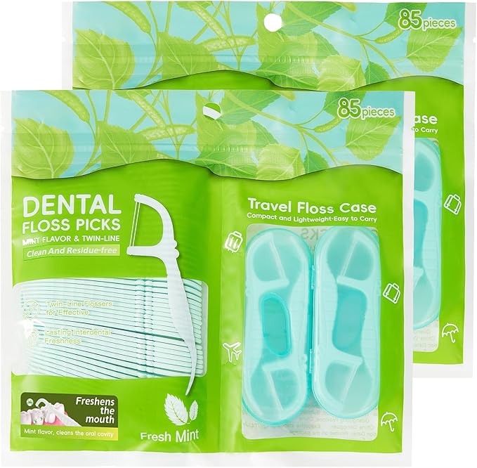 Mint Flavored Dental Floss Picks - Twin Line Floss Sicks 170 Count, with 4 Mini Travel Floss Case, Compact & Resealable for Easy Storage at Home or On-The-Go, Making Oral Care Simple(Green)