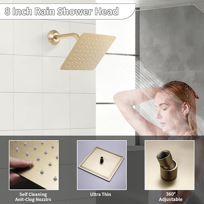 HONGTONGSOWER Bathroom Rainfall Shower System Wall Mount 8 Inch Shower Head With Handled Spray 6 Pcs jets Temperature Display Shower Faucet Set (Brushed Gold)