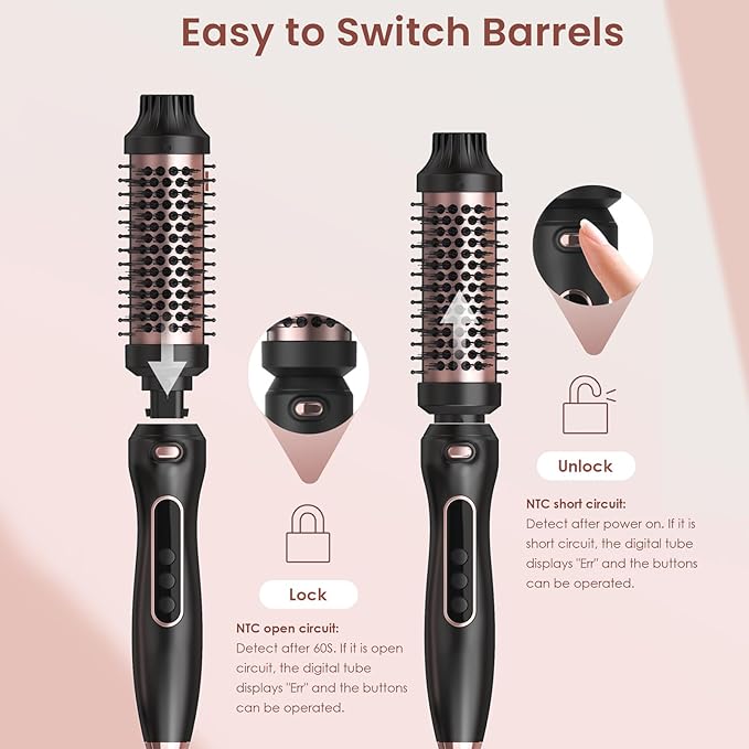 Thermal Brush Set 3-in-1 Curling Iron Brush Set, Dual Voltage 110-220V Thermal Hair Brush with 11 Temp Settings, 3 Interchangeable Travel Curling Irons (1.25“, 1.5”, & 1.75" Barrels) (Pink)
