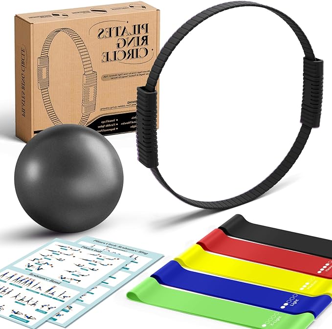 Pilates Ring Set for Women, Pilates Ring and Ball Set with 5-Level Resistance Bands for Core Strength, Stretching, Toning & Full Body Home Workout Pilates Equipment