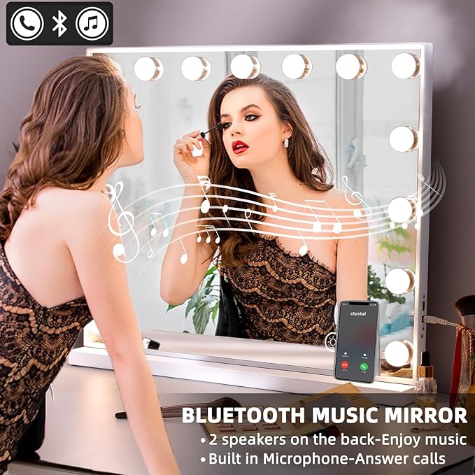 Hansong Vanity Mirror with Lights and Bluetooth Speaker 22.8''x18.4'' Lighted Makeup Mirror with 15 LED Bulbs Hollywood Vanity Mirror with 3 Lighting Modes USB Charging and 10x Magnification