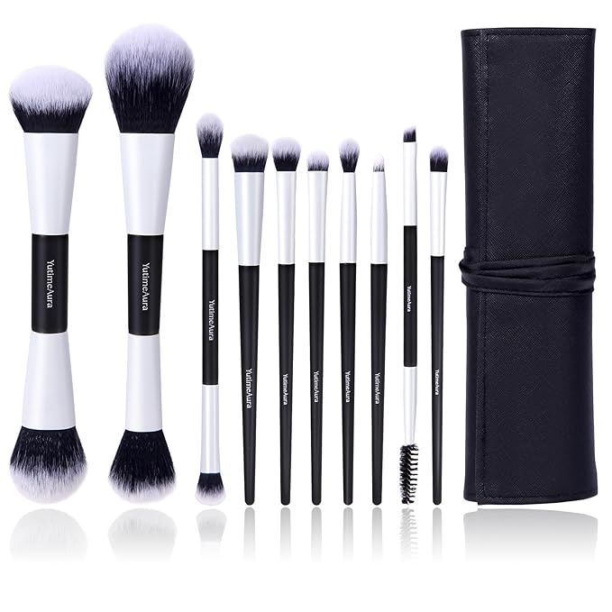 YutimeAura Makeup Brush Set 10pc, Dual-Ended Makeup Brushes For Bronzer, Contour, Eyeshadow, Blush, Concealer, Foundation