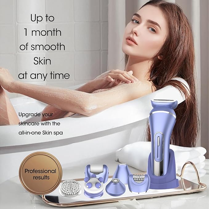 Epilator for Women, 7 in 1 Hair Removal for Women, Body Shaver, Bikini Trimmer, Face Razor, Facial Brush, Face Massage, Foot Callus Remover, IPX7 Waterproof Electric Shavers, Ideal Female Gift
