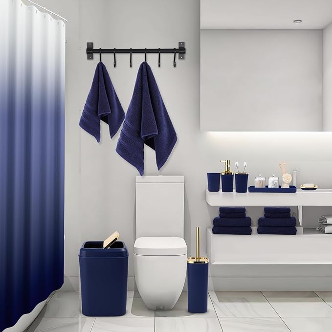 XLHOMO Navy Blue Bathroom Accessories, 24 Pieces Blue and Gold Bathroom Accessories Set with Shower Curtain, Bath Towels, Trash Can, Soap Dispenser and Soap Dish for Bathroom/Housewarming