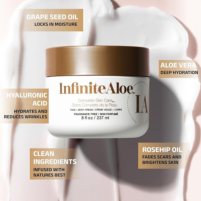 InfiniteAloe Complete Skin Care, Aloe Vera Powered Face and Body Cream for Dry Skin Relief, Fragrance Free - 4 Large Jar 8 oz & 4 Travel Jar 0.5 oz