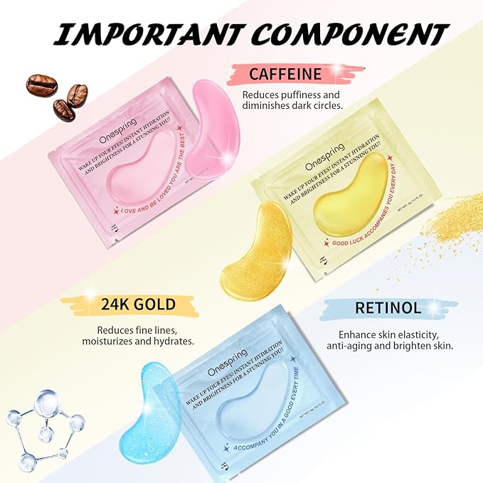 Onespring Eye Masks (36 Pairs) - Caffeine, Retinol, 24K Gold for Puffiness, Dark Circle, Wrinkles, Fine Lines - Firming Eye Gel Pads, Great for Holiday Gifts and Personal Use