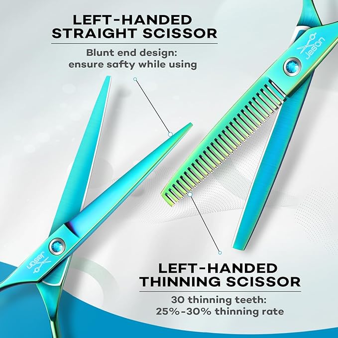JASON Left Handed Hair Scissors - 10 Pcs Hair Scissors Set, 6 Inch Thinning Shears for Hairs Cutting with 28 Teeth, Straight Shear for Men & Women Professional Barber Set for Salon Home Green Style