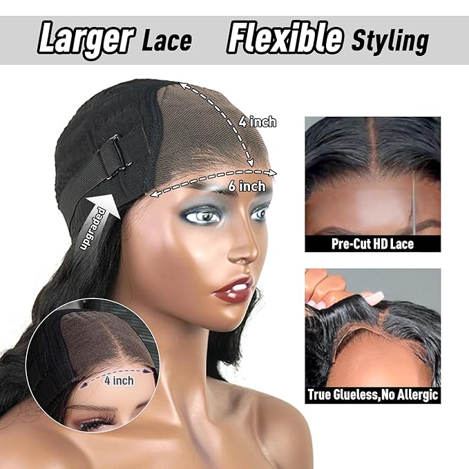 Wear and Go Glueless Wig Human Hair Upgraded Body Wave, 6x4 Pre-Plucked Pre-Cut HD Lace Ready to Wear Glueless Wigs, 180% Density No Glue Lace Front Closure Wigs for Women 28 inch