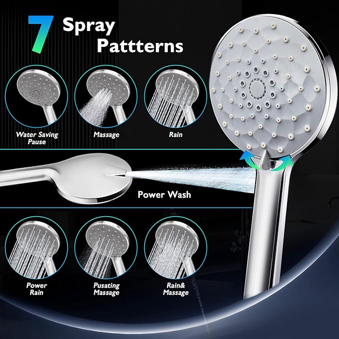 PinWin Shower Head, 8'' Dual Rain Shower Head with 11'' Adjustable Extension Arm, 7-Setting High-Pressure Handheld Combo, Rainfall LED Shower Head Water Temperature Controlled Color Changing,Chrome
