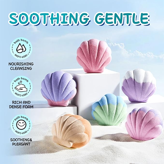 6 XXL Shell Shaped Bath Bombs with Sea Salt,Nourishes & Soothes Dry Skin,6 Unique Fragrances for a Spa Bubble Bath at Home,Gift Set for Women & Men