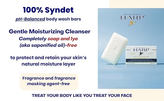 HARP® Fragrance Free Body Wash Bar – pH Balanced (5.0–6.0) Syndet Cleanser, No Lye, Non-Comedogenic, Gentle for Sensitive & Dry Skin, With Shea Butter & Borage Oil. 3-5oz Bars.
