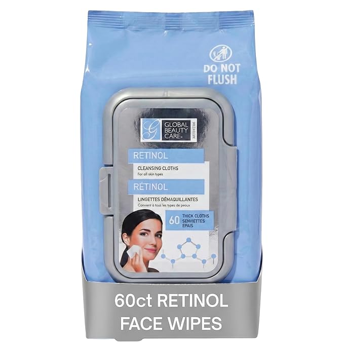 Global Beauty Care Retinol Makeup Remover Wipes - Gentle Daily Facial Cleansing Wipes for Sensitive Skin, Anti-Aging, Hydrating & Renewing For Radiant Smooth Skin, Travel-Friendly, 60 Count (1-Pack)