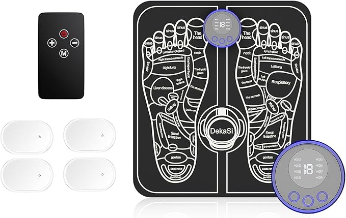 Professional EMS Foot Massager with 4 Electrode Pads - Full Body Muscle Stimulator for Neuropathy & Recovery, 8 Modes 19 Levels, Foot Mat System for Pain Relief