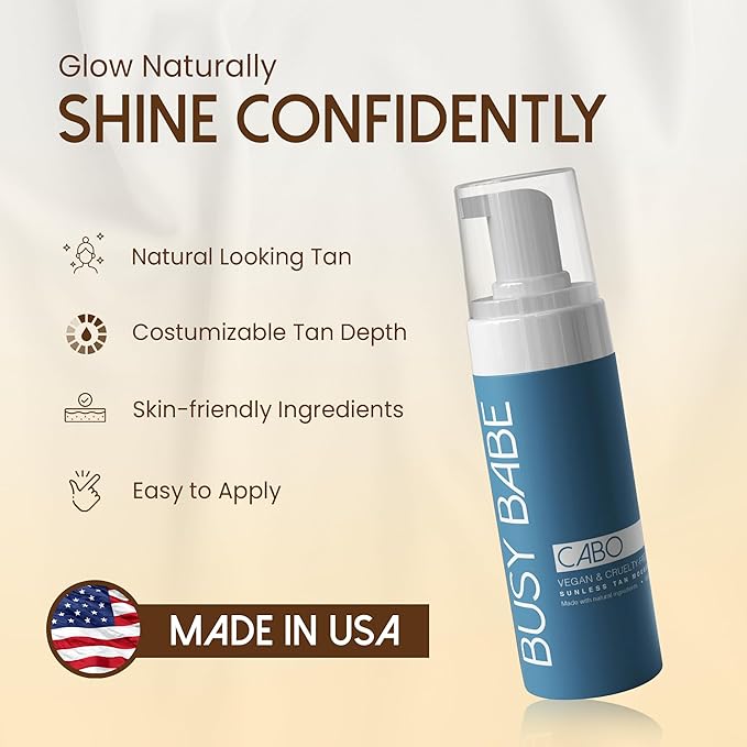 Busy Babe CABO Tanning Mousse Self Tanner With Mitt - Achieve a Gorgeous, Flawless Tan, Sun-Kissed Glow for All Skin Types and Tones, Sunless Tanning Mousse for Undertone (DARK BRONZE 200ml)