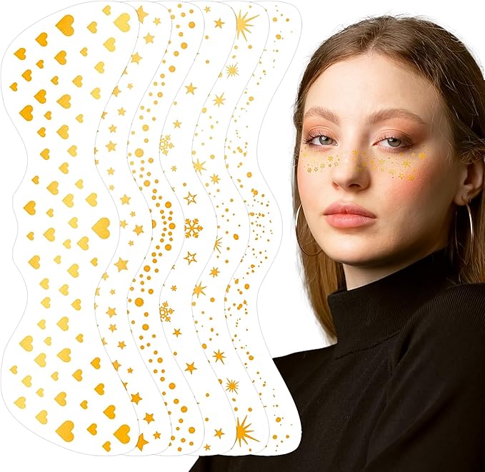 Glitter Gold Freckles Face Tattoo, Glow Up Makeup Patches - Face Glitter Speckles Patches - Cute Glitter Makeup Accessories for Women - Cosmetic Glitter for Face - 6 Sheets