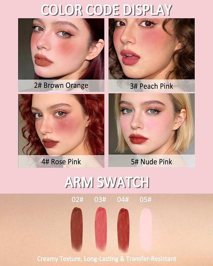 Velvet Cream Blush for Cheeks and Lips Tint, Rose Pink Matte Double-Ended Face Blusher with Silicone Brush, Blendable Waterproof Long-Lasting Liquid Blushes,Lightweight Facial Makeup Gift for Women-4#