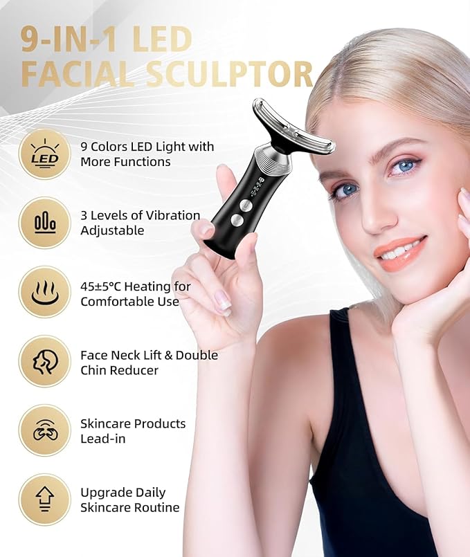 Dopsikn 9-in-1 Red-Light-Therapy-for-Face-and-Neck, Portable Facial Massager Tool with Adjustable Vibration & Thermals for Wrinkles, Double Chin, Black