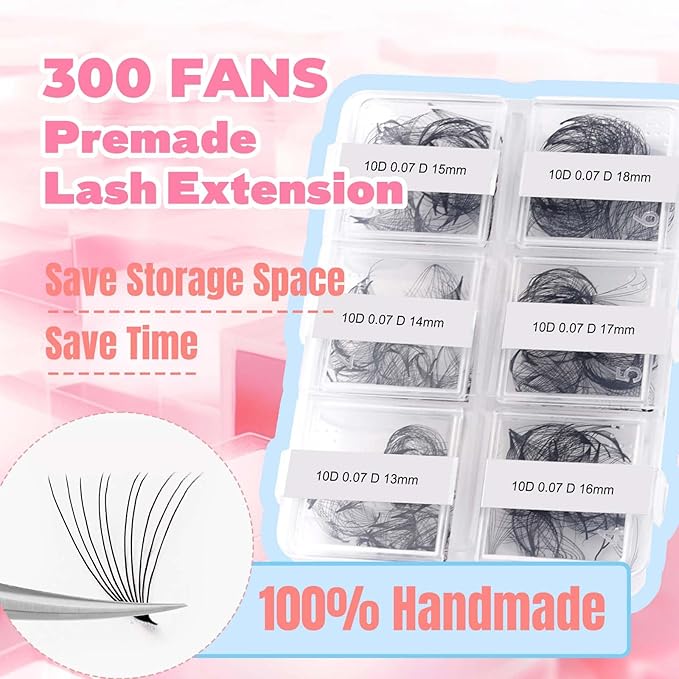 FADLASH Premade Fans Eyelash Extensions 300pcs 10D Premade Lash Fans D Curl Pre Made Fans Lash Extensions Volume Eyelash Extensions Premade Eyelash Fans Loose Fans (10D-0.07D-13-18mm)
