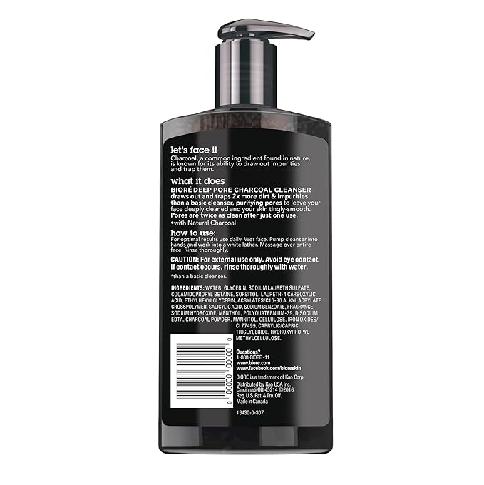 Bioré Deep Pore Charcoal Face Wash, Daily Facial Cleanser for Dirt & Makeup Removal, for Oily Skin, 6.77 Oz, Pack of 3
