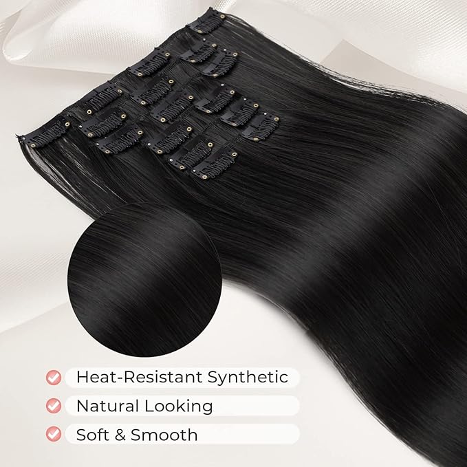 LONAI Clip in hair extensions 6PCS Straight 24" Hair Extensions for Women，Heat Resistant Synthetic Hairpiece-Black