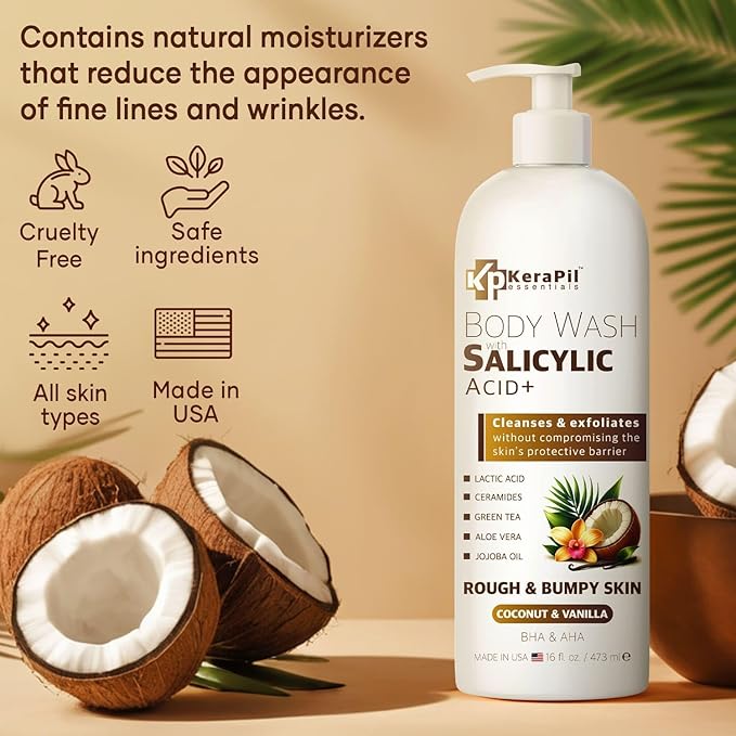 KERAPIL Exfoliating Body Wash with Salicylic Acid - No Dry Out, Gentle Exfoliates Rough and Bumpy Skin, Body Acne Wash, BHA & AHA - Coconut and Vanilla with Salicylic Acid - (16 fl oz)