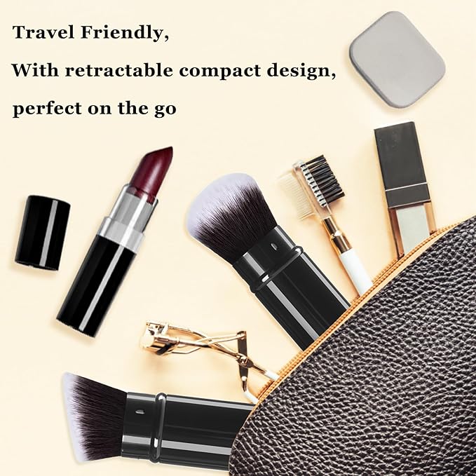 Keriloo Retractable Kabuki Makeup Brush, 2 Pack Travel Angled Powder Foundation Blush Brush Set for Blending Liquid, Bronzer, Buffing, Concealer, Blush, Highlighter, Flawless Cosmetics
