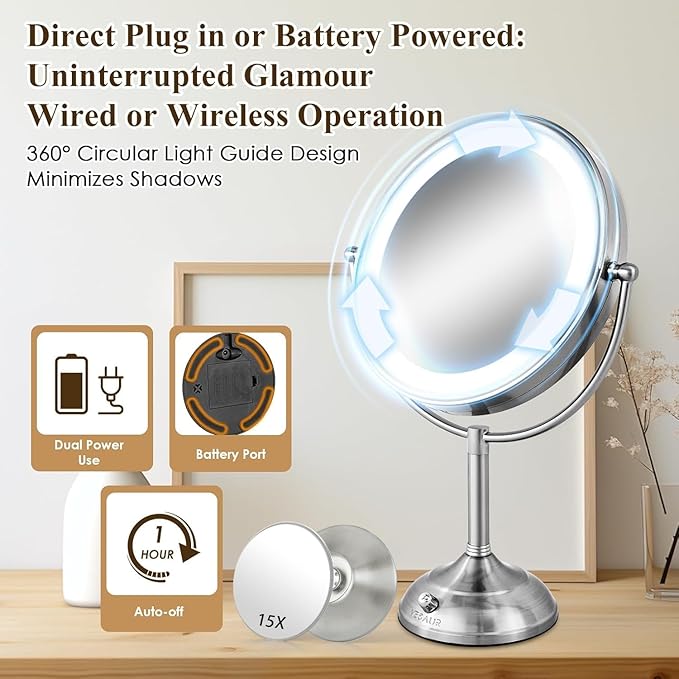 VESAUR 11" Large and 17" Tall Lighted Makeup Mirror, Double Sided 1X 10X Magnifying 3 Colors with Lights, Brightness Adjustable 360° Rotation Cosmetic Light up Mirror, Luxury Nickel